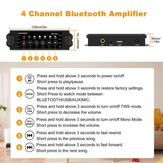 Alt view image 5 of 7 - 4-Channel Wall Mount Amplifier, 19V3A, Power-Off Memory & Infrared Remote Control with Bluetooth 5.0, USB/MIC/AUX/TWS, for Home/Garage/Ceiling Speakers