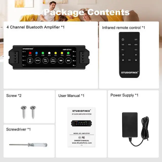 Alt view image 7 of 7 - 4-Channel Wall Mount Amplifier, 19V3A, Power-Off Memory & Infrared Remote Control with Bluetooth 5.0, USB/MIC/AUX/TWS, for Home/Garage/Ceiling Speakers