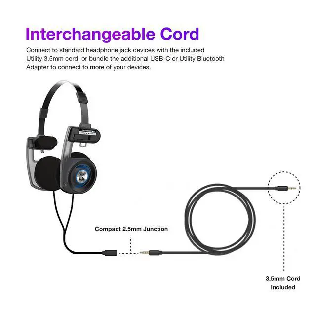 Alt view image 3 of 7 - Porta Pro Utility On-Ear Headphones, Stealth Grey Interchangeable Cord | Detachable Cord System, Collapsible Design