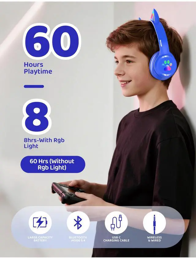Alt view image 2 of 7 - Bluetooth Headphones Wireless Cat Ear 60H/8H with LED Light Mic Blue | Adjustable Headband Foldable Over-Ear Headset for Kids/Tablet/iPad/Laptop,HD Stereo Sound,Aux Aux 3.5mm