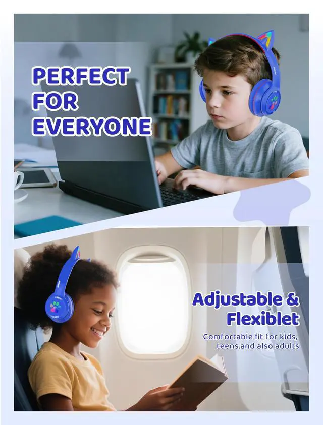 Alt view image 3 of 7 - Bluetooth Headphones Wireless Cat Ear 60H/8H with LED Light Mic Blue | Adjustable Headband Foldable Over-Ear Headset for Kids/Tablet/iPad/Laptop,HD Stereo Sound,Aux Aux 3.5mm