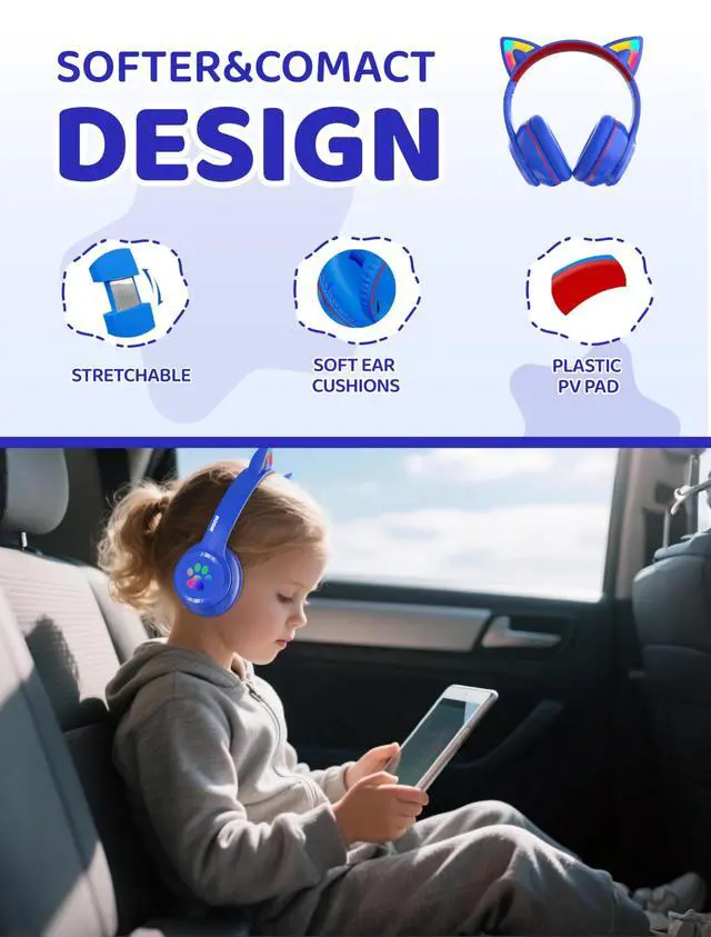 Alt view image 6 of 7 - Bluetooth Headphones Wireless Cat Ear 60H/8H with LED Light Mic Blue | Adjustable Headband Foldable Over-Ear Headset for Kids/Tablet/iPad/Laptop,HD Stereo Sound,Aux Aux 3.5mm
