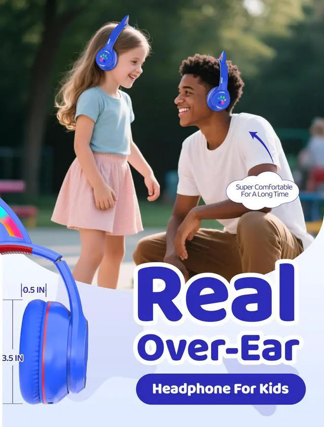 Alt view image 5 of 7 - Bluetooth Headphones Wireless Cat Ear 60H/8H with LED Light Mic Blue | Adjustable Headband Foldable Over-Ear Headset for Kids/Tablet/iPad/Laptop,HD Stereo Sound,Aux Aux 3.5mm