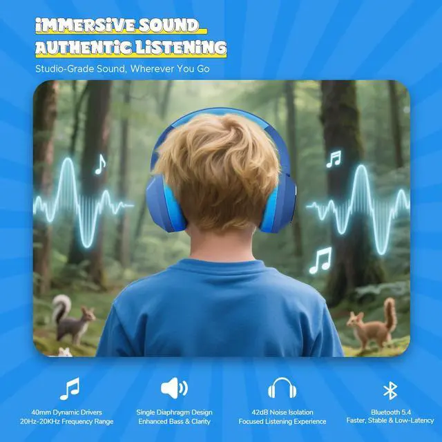 Alt view image 3 of 7 - Nova1Pro Active Noise Cancelling Headphones for Kids, 3-Level Safe Volume 75/85/94dB, ANC Safe Wireless Listen, Fast Charging, Bluetooth 5.4 with Mic, boy Girl for School, Travel & Airplane