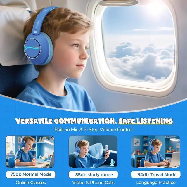 Alt view image 4 of 7 - Nova1Pro Active Noise Cancelling Headphones for Kids, 3-Level Safe Volume 75/85/94dB, ANC Safe Wireless Listen, Fast Charging, Bluetooth 5.4 with Mic, boy Girl for School, Travel & Airplane