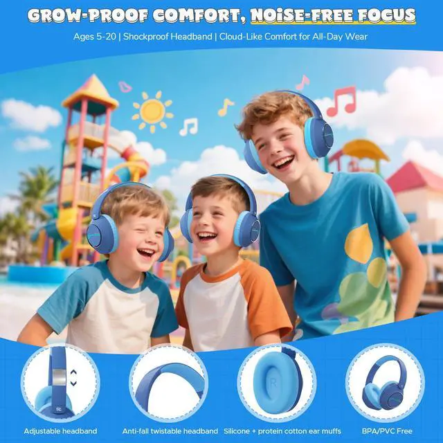 Alt view image 5 of 7 - Nova1Pro Active Noise Cancelling Headphones for Kids, 3-Level Safe Volume 75/85/94dB, ANC Safe Wireless Listen, Fast Charging, Bluetooth 5.4 with Mic, boy Girl for School, Travel & Airplane