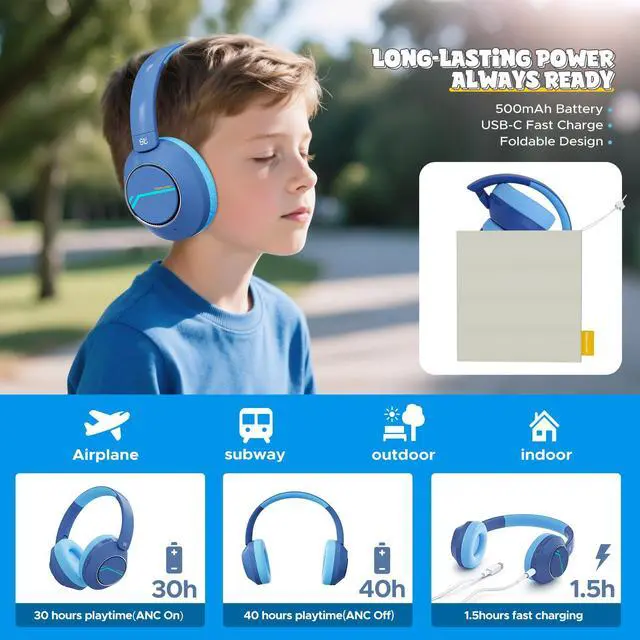 Alt view image 6 of 7 - Nova1Pro Active Noise Cancelling Headphones for Kids, 3-Level Safe Volume 75/85/94dB, ANC Safe Wireless Listen, Fast Charging, Bluetooth 5.4 with Mic, boy Girl for School, Travel & Airplane