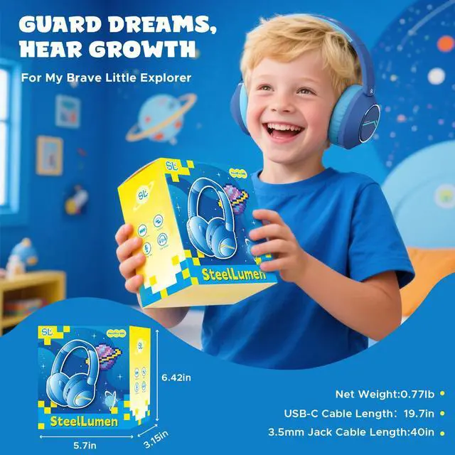 Alt view image 7 of 7 - Nova1Pro Active Noise Cancelling Headphones for Kids, 3-Level Safe Volume 75/85/94dB, ANC Safe Wireless Listen, Fast Charging, Bluetooth 5.4 with Mic, boy Girl for School, Travel & Airplane