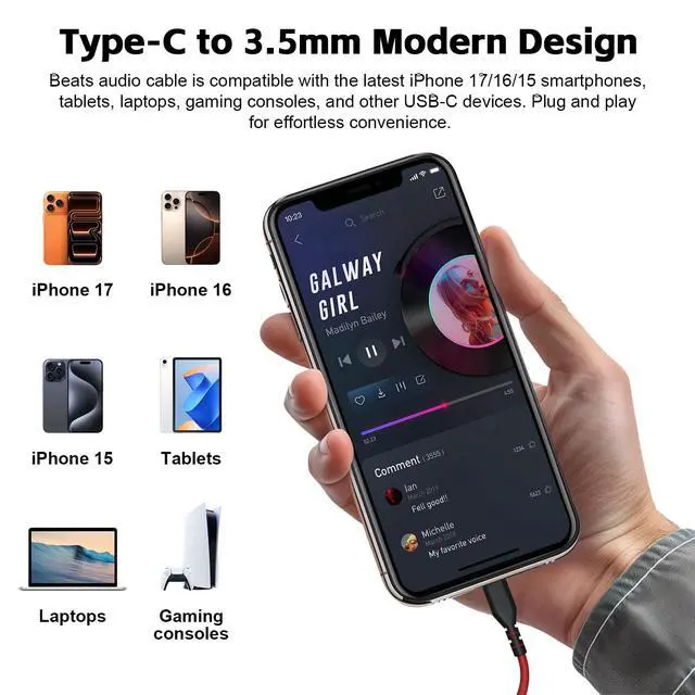 Alt view image 3 of 7 - USB C Solo 4 Audio Cable, Solo 3 Replacement Audio Aux Cord with Inline Mic Control Compatible with Beats Studio Solo Pro Detox Mixr Executive Pill Headphones to iPhone 17/16 USB-C Devices (Black&Red)