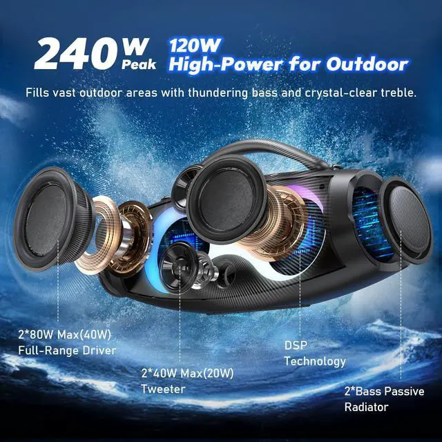 Alt view image 2 of 7 - Extreme Boom Pro D200 240W Peak Outdoor Bluetooth Speaker | 120W Deep Bass, 26hr Playtime, IPX6 Waterproof, Beat-synced Lights, Stereo Pairing, for Camping Beach Tailgate Backyard