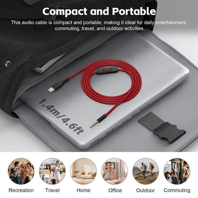 Alt view image 6 of 7 - USB C Solo 4 Audio Cable, Solo 3 Replacement Audio Aux Cord with Inline Mic Control Compatible with Beats Studio Solo Pro Detox Mixr Executive Pill Headphones to iPhone 17/16 USB-C Devices (Black&Red)