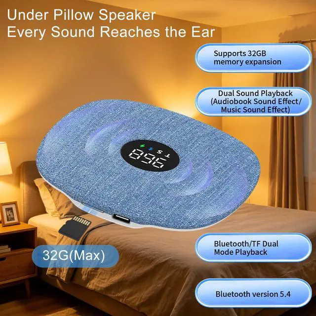 Alt view image 5 of 7 - Under Pillow Speaker Dual Bone Conduction Stereo Bluetooth Wireless Music Portable Sleep Sound Sleep Speaker with LED Display White Noise Timer for Side Sleepers Supports TF Card (Blue)