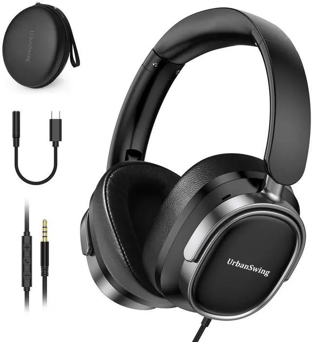 Main image of W70 Bundle, 3.5mm Headset with Mic, USB-C Adapter & Case, Black | Volume Control, 4.9ft Long Wire, Metal Plugs, For iPhone 17 16 15, Samsung, iPad, Laptop, Tablet, Ages 16+