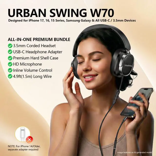 Alt view image 2 of 7 - W70 Bundle, 3.5mm Headset with Mic, USB-C Adapter & Case, Black | Volume Control, 4.9ft Long Wire, Metal Plugs, For iPhone 17 16 15, Samsung, iPad, Laptop, Tablet, Ages 16+