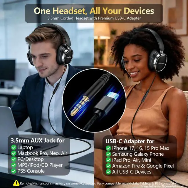 Alt view image 5 of 7 - W70 Bundle, 3.5mm Headset with Mic, USB-C Adapter & Case, Black | Volume Control, 4.9ft Long Wire, Metal Plugs, For iPhone 17 16 15, Samsung, iPad, Laptop, Tablet, Ages 16+