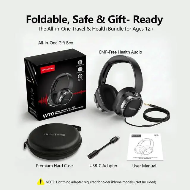 Alt view image 7 of 7 - W70 Bundle, 3.5mm Headset with Mic, USB-C Adapter & Case, Black | Volume Control, 4.9ft Long Wire, Metal Plugs, For iPhone 17 16 15, Samsung, iPad, Laptop, Tablet, Ages 16+