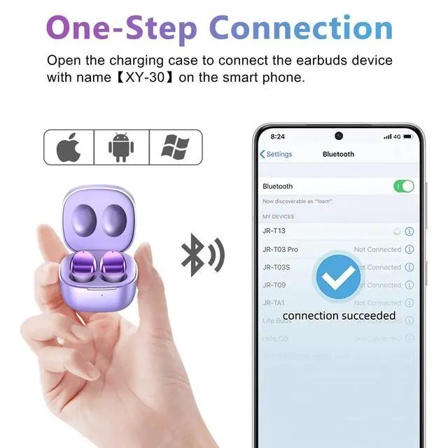 Alt view image 5 of 7 - Wireless Earbuds Deep Bass Stereo Sound Bluetooth Earbuds 120H True | Wireless Headphones with Ear Caps (S/M/L) for Samsung S26/S25/S24/S23/S22 Ultra Z Flip 5/4/3/Fold 5/4 iPhone 17/16/15 Purple