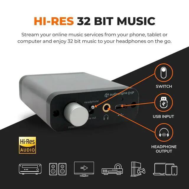 Alt view image 4 of 7 - D1P Portable Headphone Amplifier and DAC 32-Bit USB DAC Amp for Gaming, Music Streaming and Travel