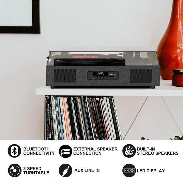 Alt view image 2 of 7 - Vinyl Record Player with Speakers, Belt-Drive 3 Speed Vintage Bluetooth Turntable, USB Recording, AUX-in & RCA Line Out LP Player, Black