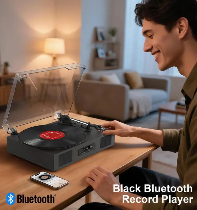 Alt view image 4 of 7 - Vinyl Record Player with Speakers, Belt-Drive 3 Speed Vintage Bluetooth Turntable, USB Recording, AUX-in & RCA Line Out LP Player, Black