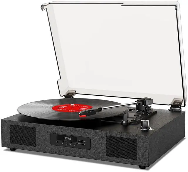 Main image of Vinyl Record Player with Speakers, Belt-Drive 3 Speed Vintage Bluetooth Turntable, USB Recording, AUX-in & RCA Line Out LP Player, Black