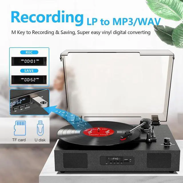 Alt view image 3 of 7 - Vinyl Record Player with Speakers, Belt-Drive 3 Speed Vintage Bluetooth Turntable, USB Recording, AUX-in & RCA Line Out LP Player, Black