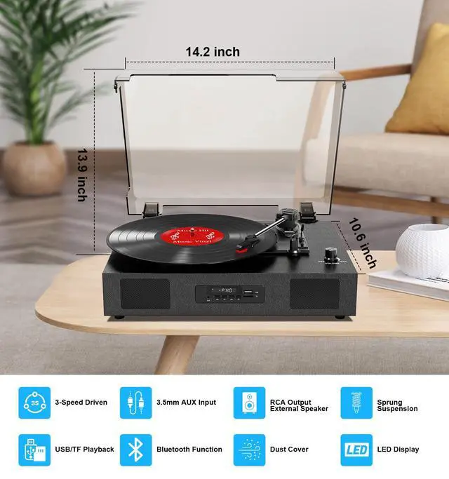 Alt view image 5 of 7 - Vinyl Record Player with Speakers, Belt-Drive 3 Speed Vintage Bluetooth Turntable, USB Recording, AUX-in & RCA Line Out LP Player, Black
