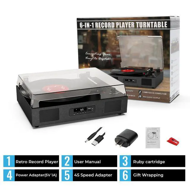Alt view image 6 of 7 - Vinyl Record Player with Speakers, Belt-Drive 3 Speed Vintage Bluetooth Turntable, USB Recording, AUX-in & RCA Line Out LP Player, Black