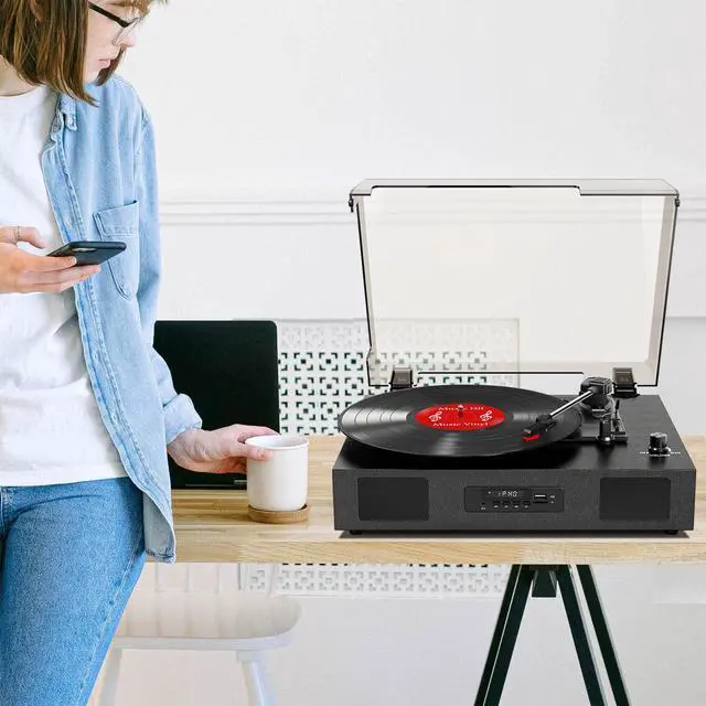 Alt view image 7 of 7 - Vinyl Record Player with Speakers, Belt-Drive 3 Speed Vintage Bluetooth Turntable, USB Recording, AUX-in & RCA Line Out LP Player, Black
