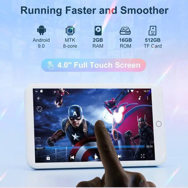 Alt view image 2 of 7 - Android MP3 Player 4" Touchscreen Bluetooth WiFi White | Android 9 OS, 2GB RAM+16GB ROM, Speaker, Spotify/Amazon Music/Audible, Google Play Store for Apps
