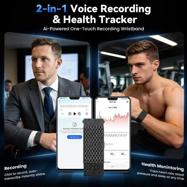 Alt view image 2 of 7 - Voice Activated Recorder, Fitness Tracker with Transcribe & Summarize, Recording Device with AI Noise Reduction, Audio Recorder for Meetings, Lectures, Work, Interviews, 160+ Sport Modes
