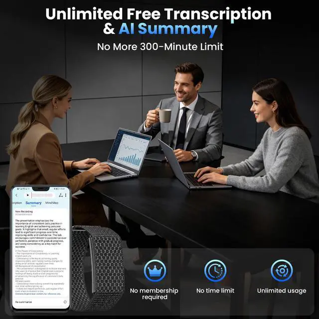Alt view image 3 of 7 - Voice Activated Recorder, Fitness Tracker with Transcribe & Summarize, Recording Device with AI Noise Reduction, Audio Recorder for Meetings, Lectures, Work, Interviews, 160+ Sport Modes