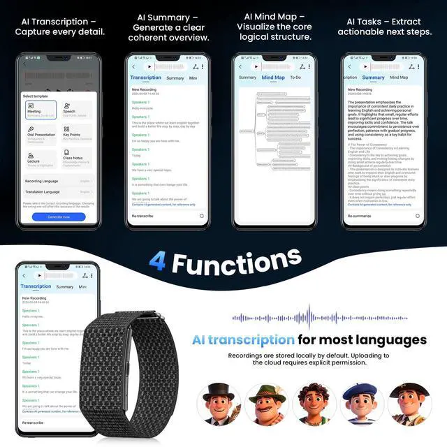 Alt view image 6 of 7 - Voice Activated Recorder, Fitness Tracker with Transcribe & Summarize, Recording Device with AI Noise Reduction, Audio Recorder for Meetings, Lectures, Work, Interviews, 160+ Sport Modes