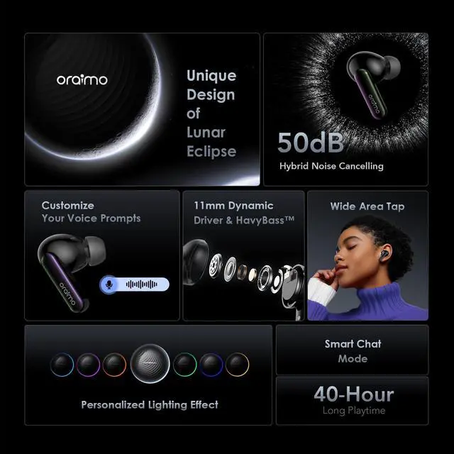 Alt view image 7 of 7 - SpaceBuds ANC Wireless Earbuds, 50dB Noise Cancelling Bluetooth Earbuds, 4-Mic Clear Calls in Ear Headphones, Heavy Bass, Personalized Light Effects, Slide Design, App Control, 40H Play