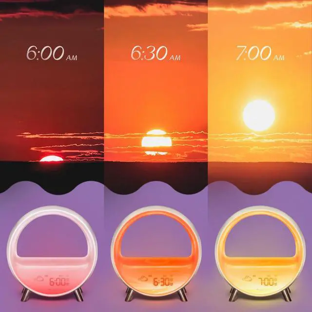 Alt view image 3 of 7 - 5G Arches Gradual Sunrise Alarm Clock with Wireless Charging Loud Alarm Clock for Heavy Sleepers Sunset White Noise Sleep Sound Machine Bluetooth Speaker Night Light Touch/App/Button Control
