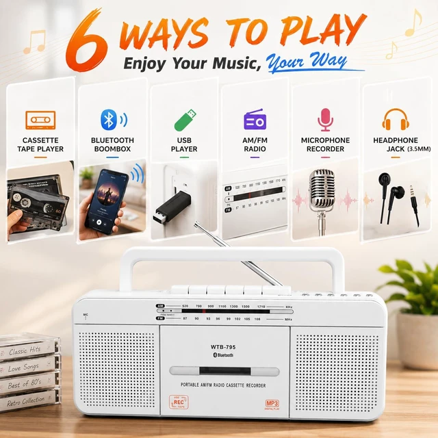 Alt view image 2 of 7 - Portable Retro Bluetooth Boombox Cassette Tape Player Recorder AM/FM Radio Stereo Sound, Dual Big Speakers, USB & Earphone Jack, Mic Recording, Cassette-to-MP3 Converter, AC/DC Powered