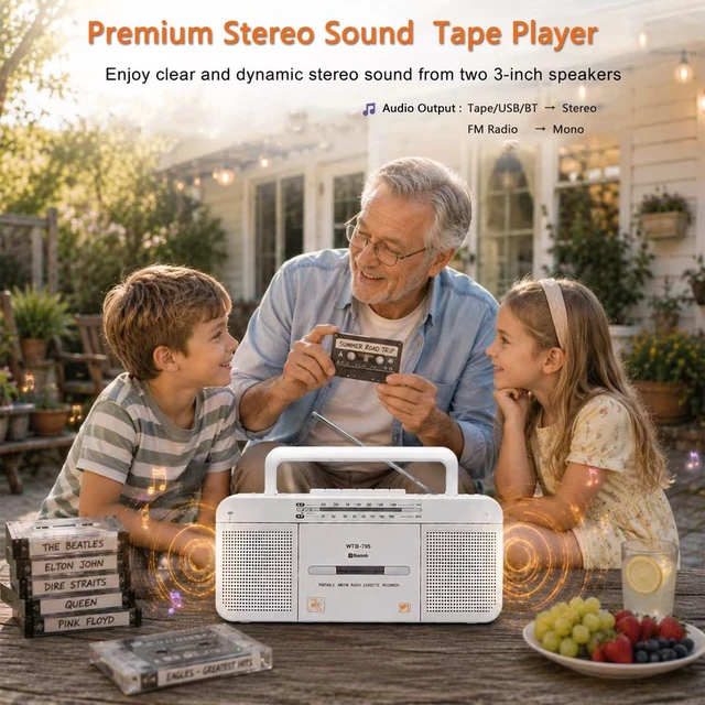 Alt view image 3 of 7 - Portable Retro Bluetooth Boombox Cassette Tape Player Recorder AM/FM Radio Stereo Sound, Dual Big Speakers, USB & Earphone Jack, Mic Recording, Cassette-to-MP3 Converter, AC/DC Powered