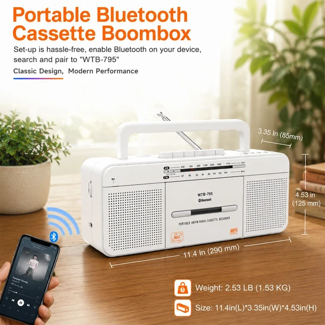 Alt view image 5 of 7 - Portable Retro Bluetooth Boombox Cassette Tape Player Recorder AM/FM Radio Stereo Sound, Dual Big Speakers, USB & Earphone Jack, Mic Recording, Cassette-to-MP3 Converter, AC/DC Powered