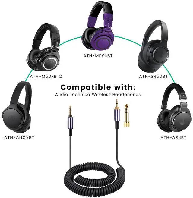 Alt view image 3 of 7 - ATH-M50xBT Cable, Coiled Aux Cord for Audio Technica ATH-M50xBT2 Headphones | 3.5mm to 3.5mm(1/8") Extension Wire with 6.35mm(1/4") Adapter for ATH-SR50BT Wireless Headset, 14ft