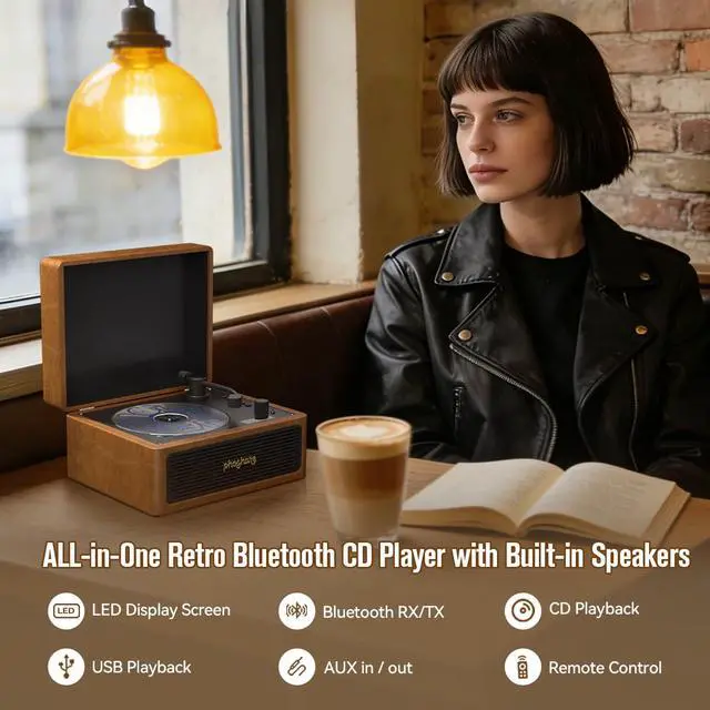 Alt view image 2 of 7 - Cute Retro Bluetooth CD Player with Built-in Speakers | Retro tabletop CD player streams via Bluetooth TX/RX, USB & AUX to speakers or headphones with remote control