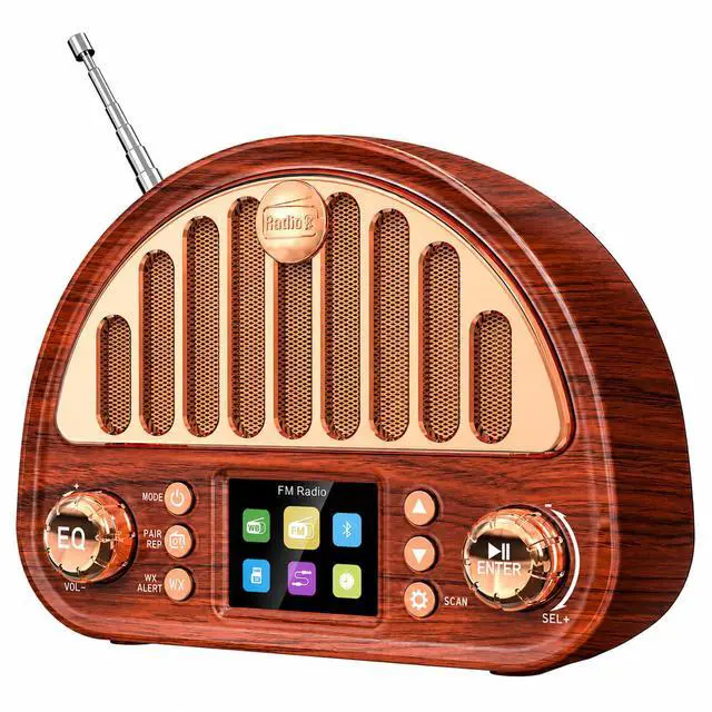 Main image of Vintage Bluetooth Clock Radio with Dual Alarms and NOAA Weather Alert | Wood-grain Finish, Soft Color Display, 40-preset FM Radio, Sleep Timer, Rechargeable Battery, MicroSD and AUX for Bedside Use