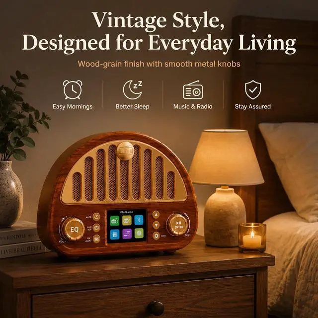 Alt view image 2 of 7 - Vintage Bluetooth Clock Radio with Dual Alarms and NOAA Weather Alert | Wood-grain Finish, Soft Color Display, 40-preset FM Radio, Sleep Timer, Rechargeable Battery, MicroSD and AUX for Bedside Use