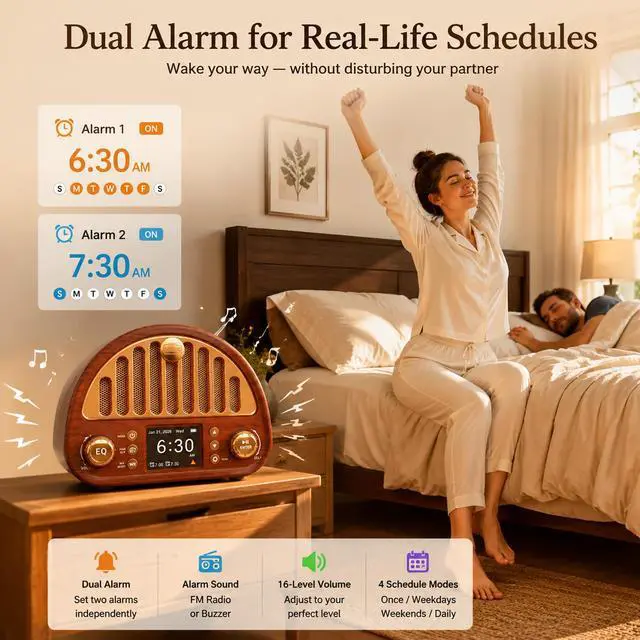 Alt view image 3 of 7 - Vintage Bluetooth Clock Radio with Dual Alarms and NOAA Weather Alert | Wood-grain Finish, Soft Color Display, 40-preset FM Radio, Sleep Timer, Rechargeable Battery, MicroSD and AUX for Bedside Use