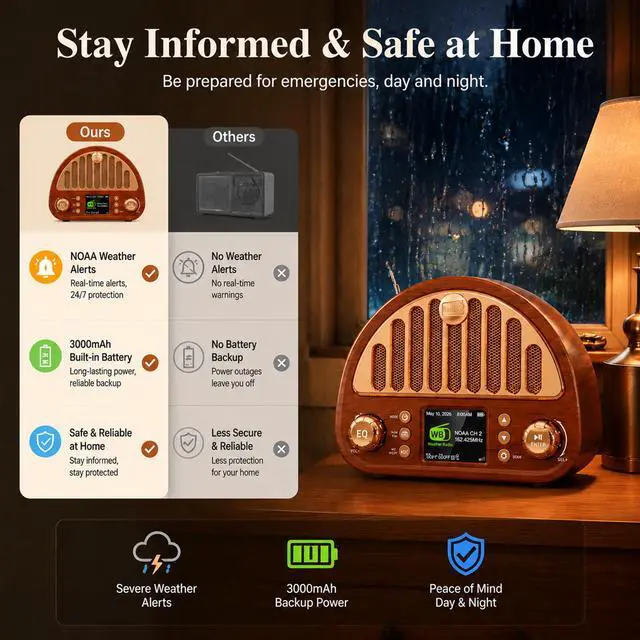 Alt view image 4 of 7 - Vintage Bluetooth Clock Radio with Dual Alarms and NOAA Weather Alert | Wood-grain Finish, Soft Color Display, 40-preset FM Radio, Sleep Timer, Rechargeable Battery, MicroSD and AUX for Bedside Use