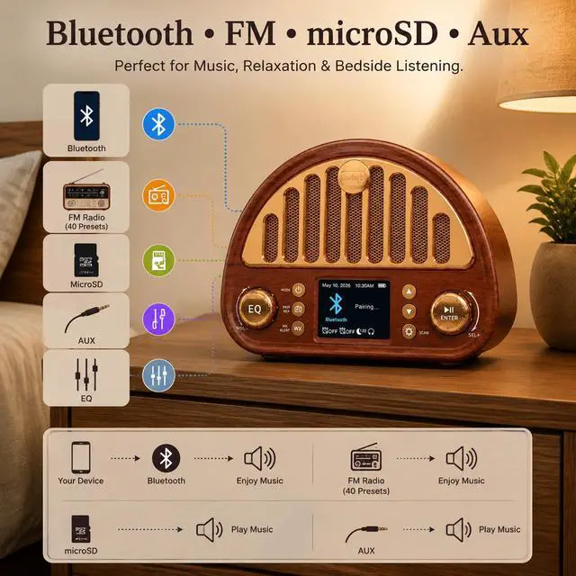 Alt view image 5 of 7 - Vintage Bluetooth Clock Radio with Dual Alarms and NOAA Weather Alert | Wood-grain Finish, Soft Color Display, 40-preset FM Radio, Sleep Timer, Rechargeable Battery, MicroSD and AUX for Bedside Use