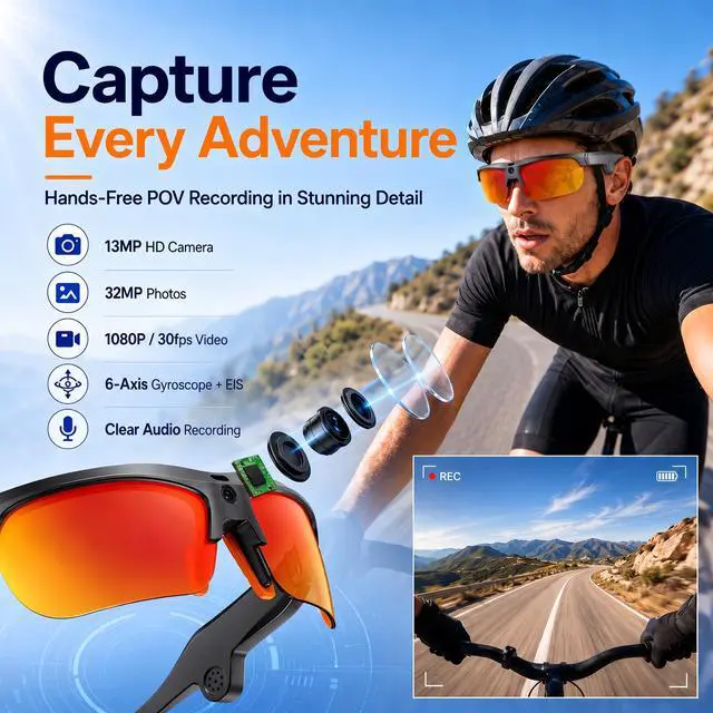 Alt view image 2 of 7 - Sport AI Smart Sunglasses with 13MP POV Camera | 32MP Photos, 1080P Video, AI Voice Assistant, Real-Time Translation, Open Ear Audio, Polarized Sunglasses for Cycling