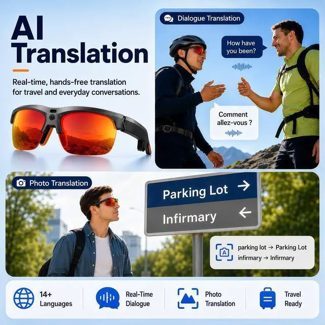 Alt view image 4 of 7 - Sport AI Smart Sunglasses with 13MP POV Camera | 32MP Photos, 1080P Video, AI Voice Assistant, Real-Time Translation, Open Ear Audio, Polarized Sunglasses for Cycling