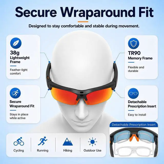 Alt view image 7 of 7 - Sport AI Smart Sunglasses with 13MP POV Camera | 32MP Photos, 1080P Video, AI Voice Assistant, Real-Time Translation, Open Ear Audio, Polarized Sunglasses for Cycling