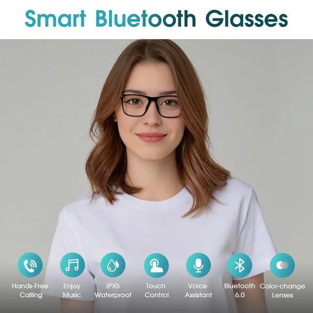 Alt view image 2 of 7 - Bluetooth Audio Smart Glasses for Women & Men, Bluetooth Glasses with Color-Change Lens, Open Ear Speakers, IPX5 Waterproof, Smart Audio Glasses for iPhone Android Music/Calls (Black)