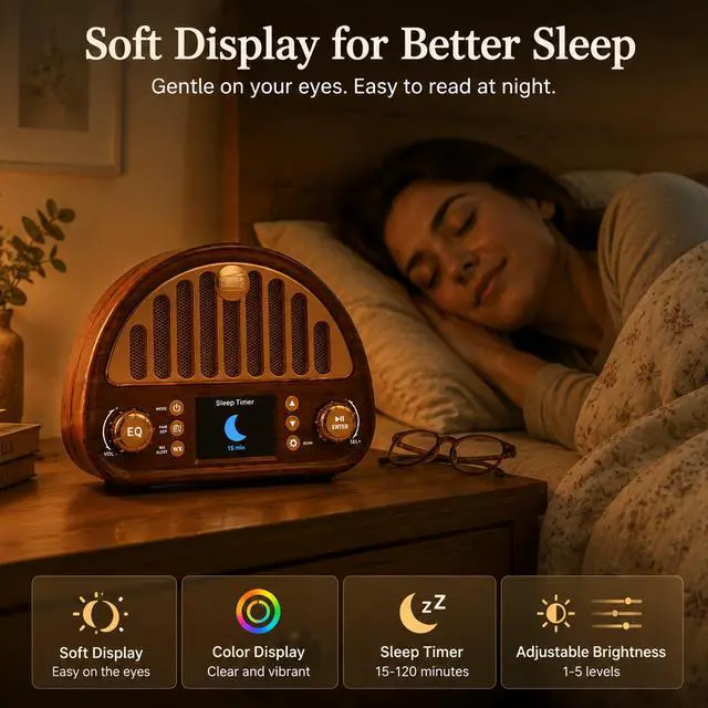 Alt view image 6 of 7 - Vintage Bluetooth Clock Radio with Dual Alarms and NOAA Weather Alert | Wood-grain Finish, Soft Color Display, 40-preset FM Radio, Sleep Timer, Rechargeable Battery, MicroSD and AUX for Bedside Use
